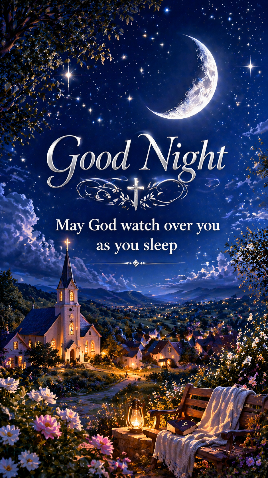 Good Night Christian -- Moon Church Village Blessing Vertical Wallpaper